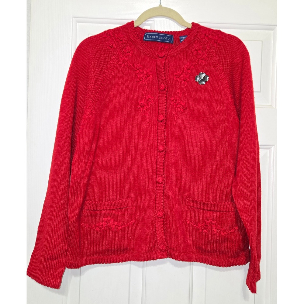 Karen Scott Red Cardigan Sweater Embroidered Details Medium Women's